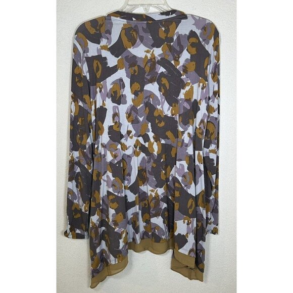 LOGO Lori Goldstein Sz M Fall Colors Print Stretch Jersey Cardigan Top Pockets - Picture 4 of 16
